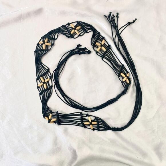 Early 2000\'s Y2K Black Boho Braided Tassel Tan Floral Beaded Fringe Waist Belt